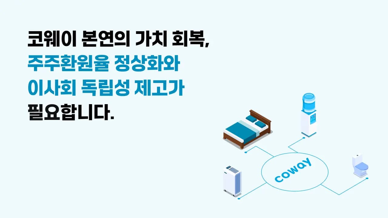코웨이 본연의 가치 회복, 주주환원율 정상화와 이사회 독립성 제고가 필요합니다